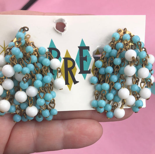 Turquoise and White Round cascading beads with clip on earring back