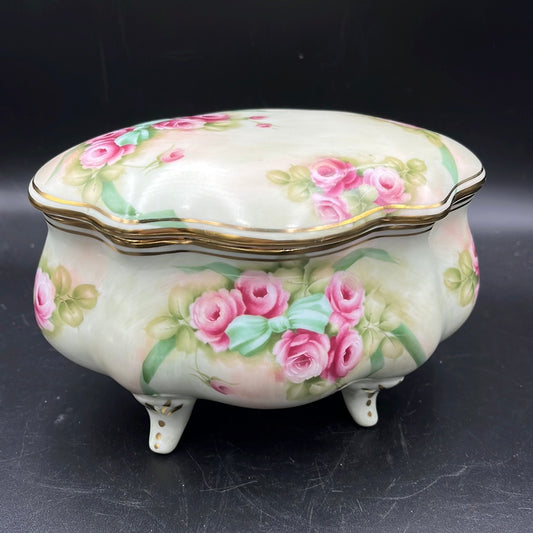 Hand painted oval covered ceramic dish