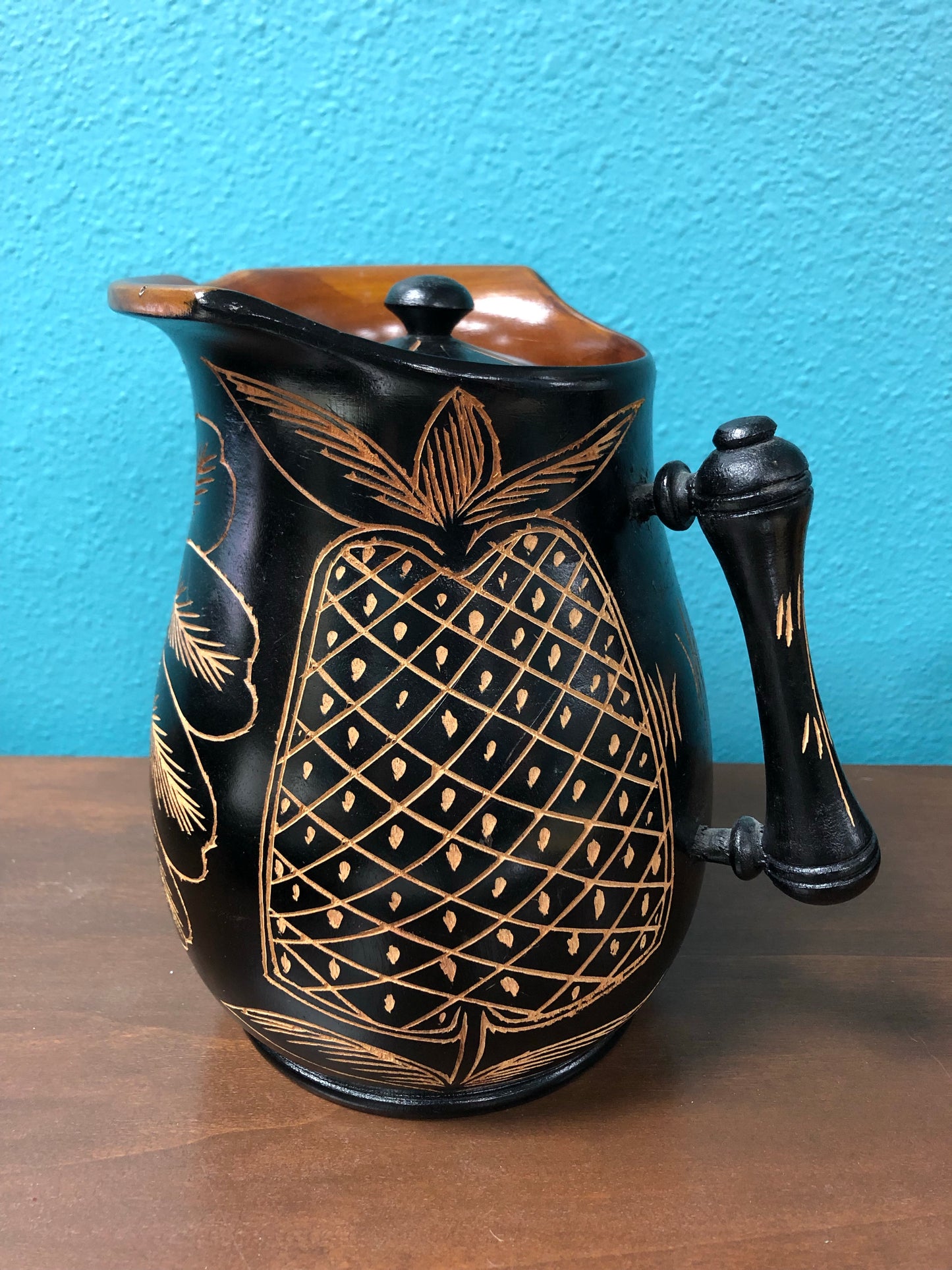 Hand carved wood pitcher and 6 hand carved matching cups