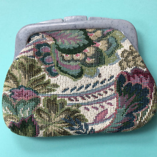 Small tapestry bag with grey plastic latch top