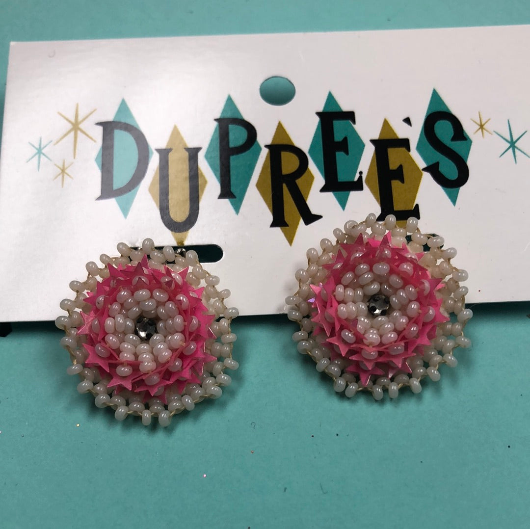 Pink and White seed bead clip on earrings