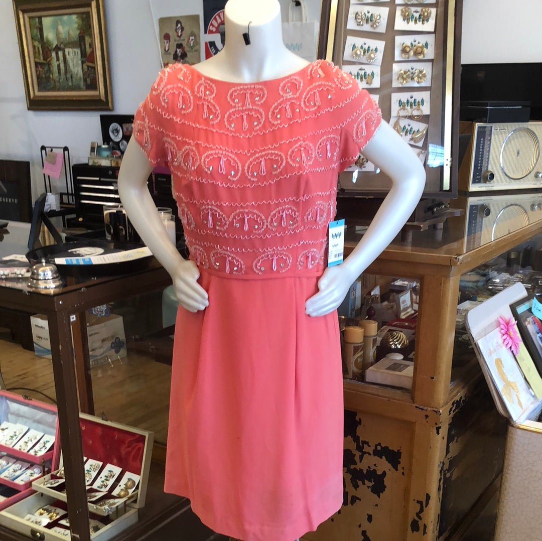 60s Coral Beaded Dress