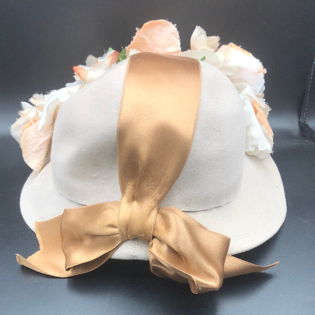 Beige hat with Peach ribbon and Peach silk floral detail