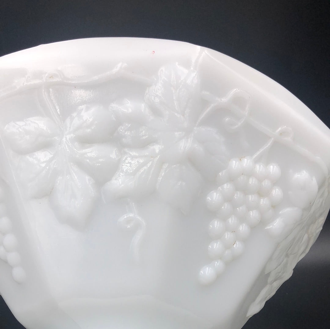 White Milk Glass Octagonal Pedestal Bowl with Grape Design