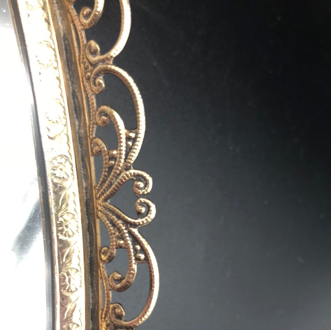 Oval mirrored dresser tray with gold edge