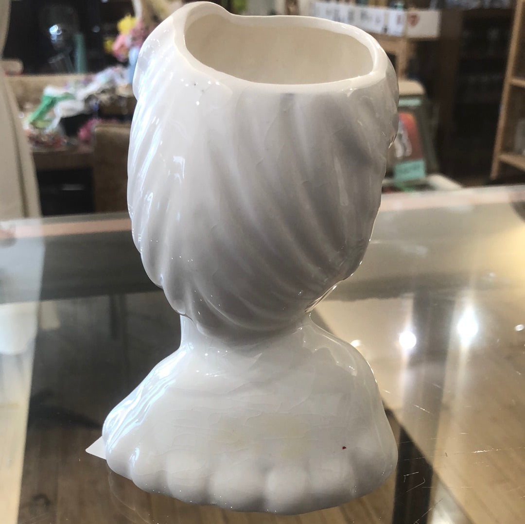 White Lady Head Vase with Red Accents