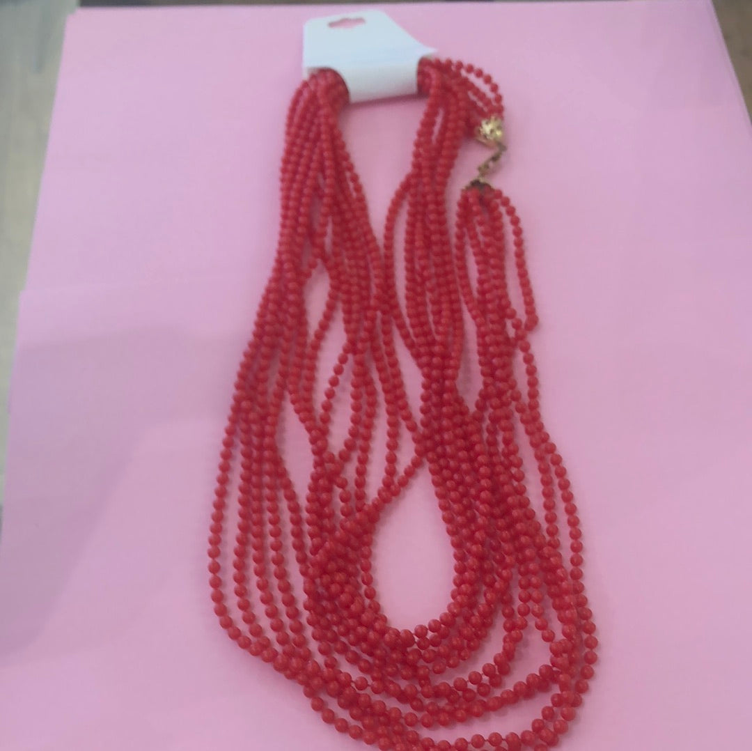 Red multi strand mini bead necklace
