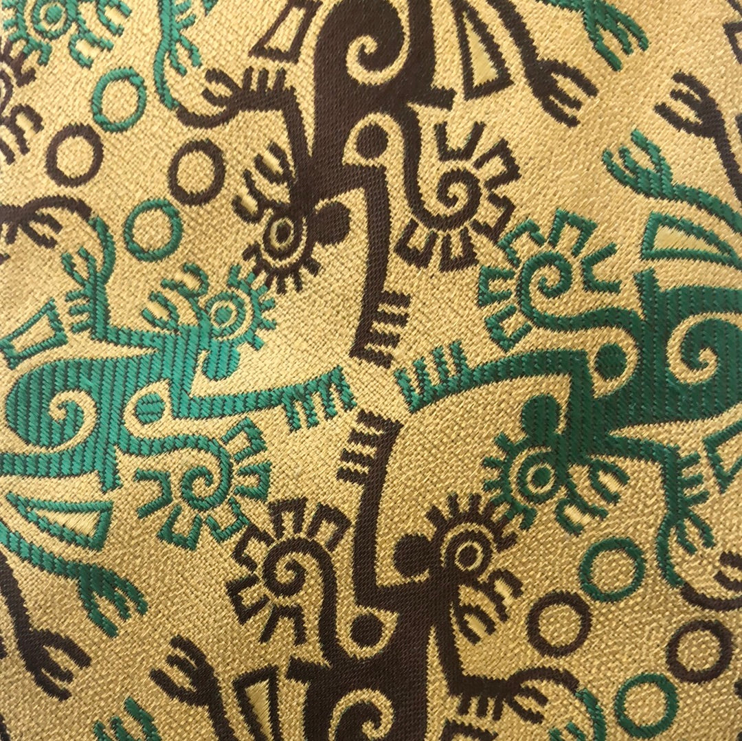Yellow tie with brown and green graphic pattern