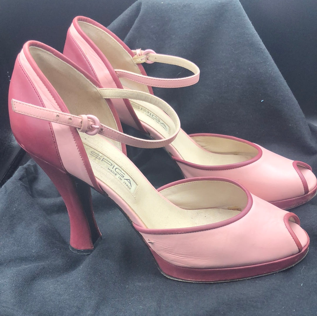 Two tone pink peep toe pump