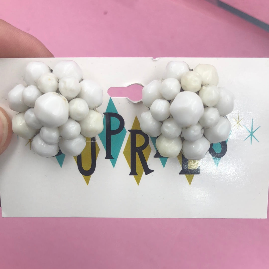 White bead cluster clip on earrings