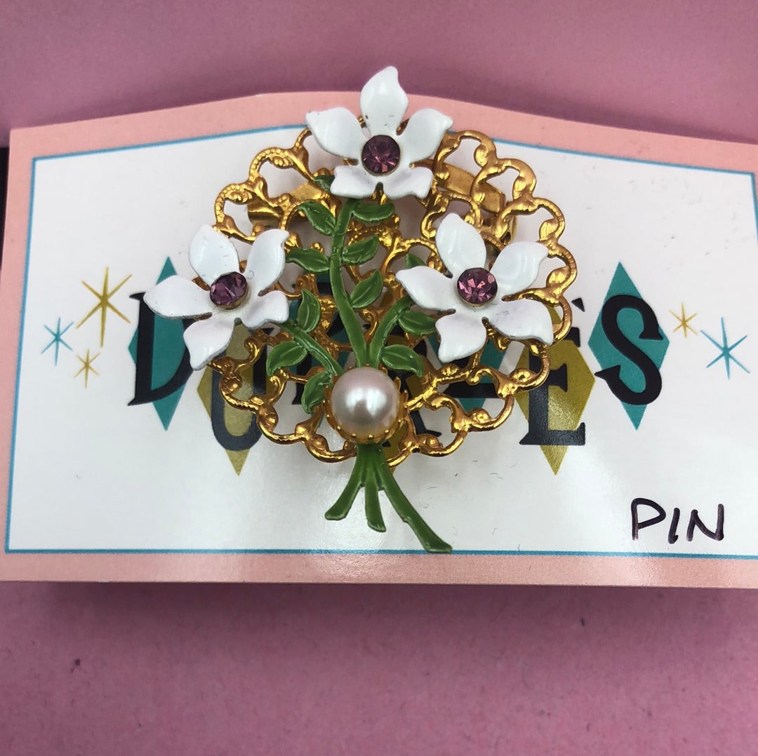 Gold and White Floral Pin