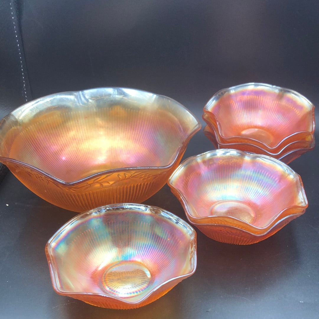 Marigold Glass Bowl and Six Finger Bowls