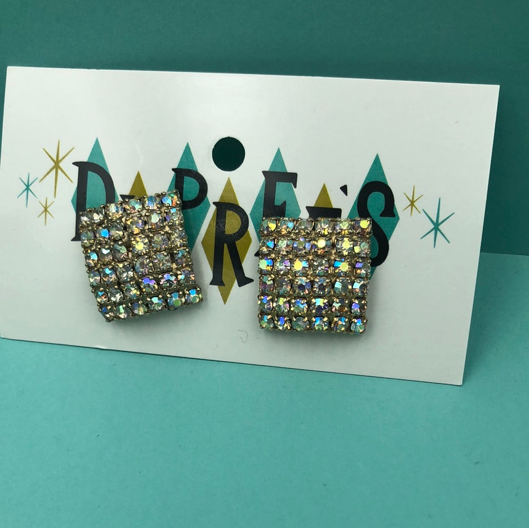 Square Aurora Borealis Crystal clip on earrings