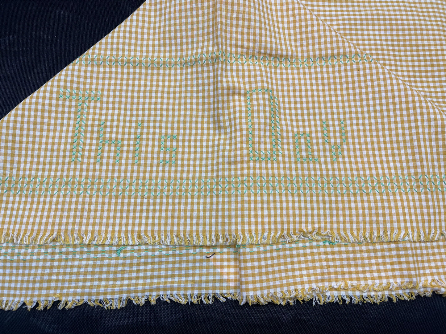 Yellow Gingham Tablecloth with Green Cross Stitch