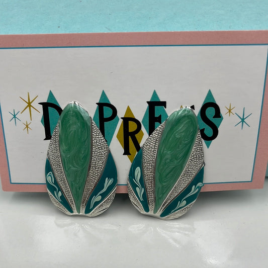 Silver and Green teardrop clip ons