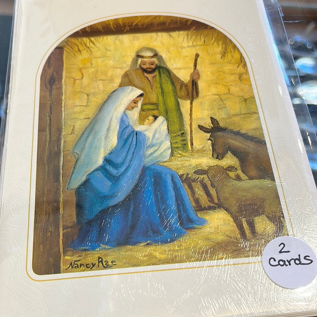 Mary, Joseph and Jesus in the manger holiday card 2 pack