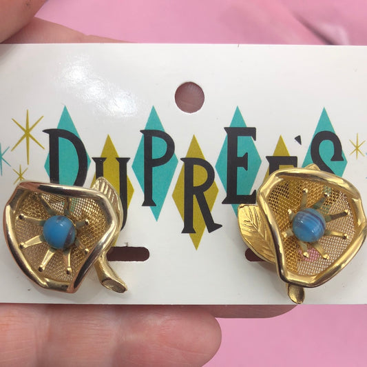 Gold Mesh Flower with Teal center clip on earrings