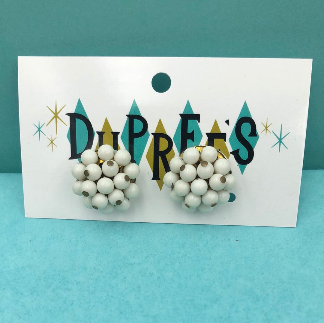 White round bead cluster clip on earrings