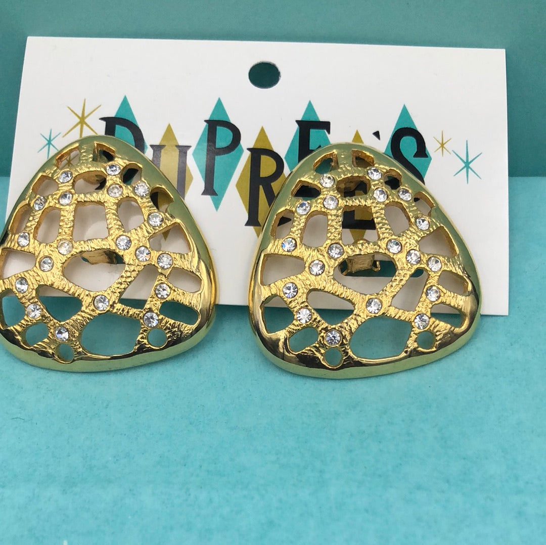 Large Gold clip on earrings with crytals