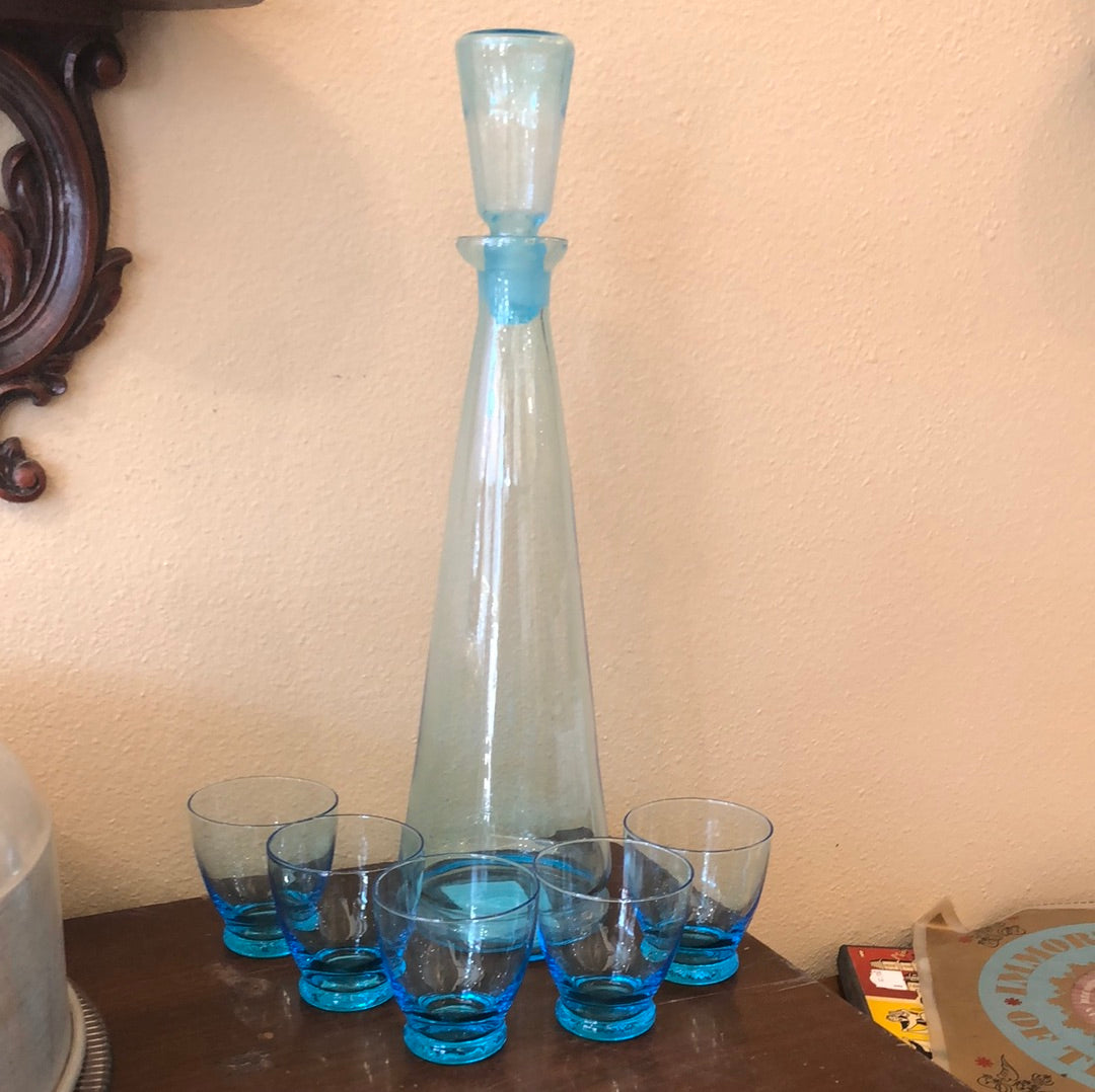 Tall Blue Glass Decanter and 5 Cups