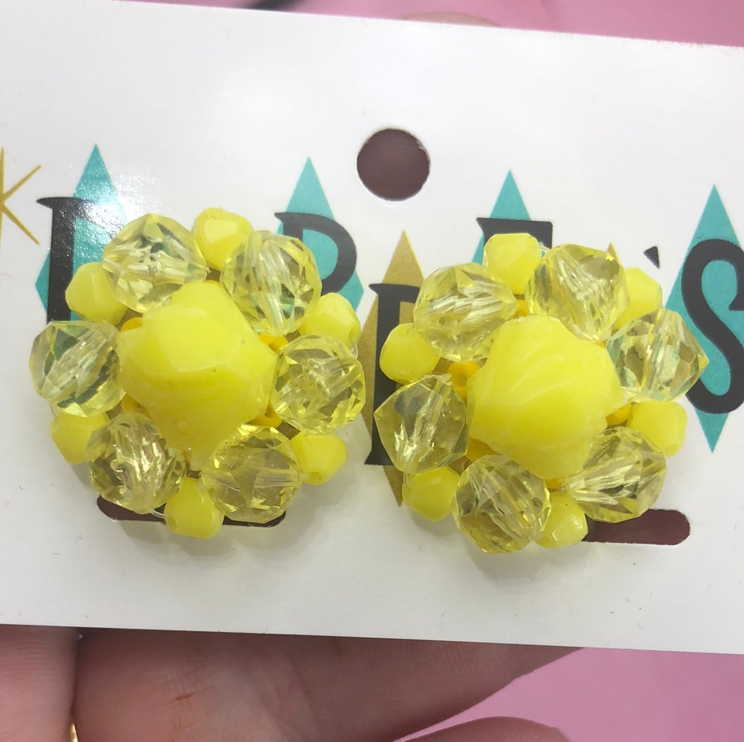 Yellow Bead Cluster Clip On Earrings