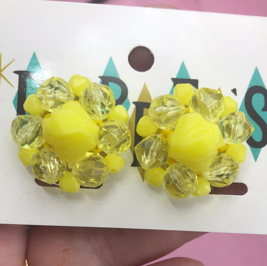 Yellow Bead Cluster Clip On Earrings