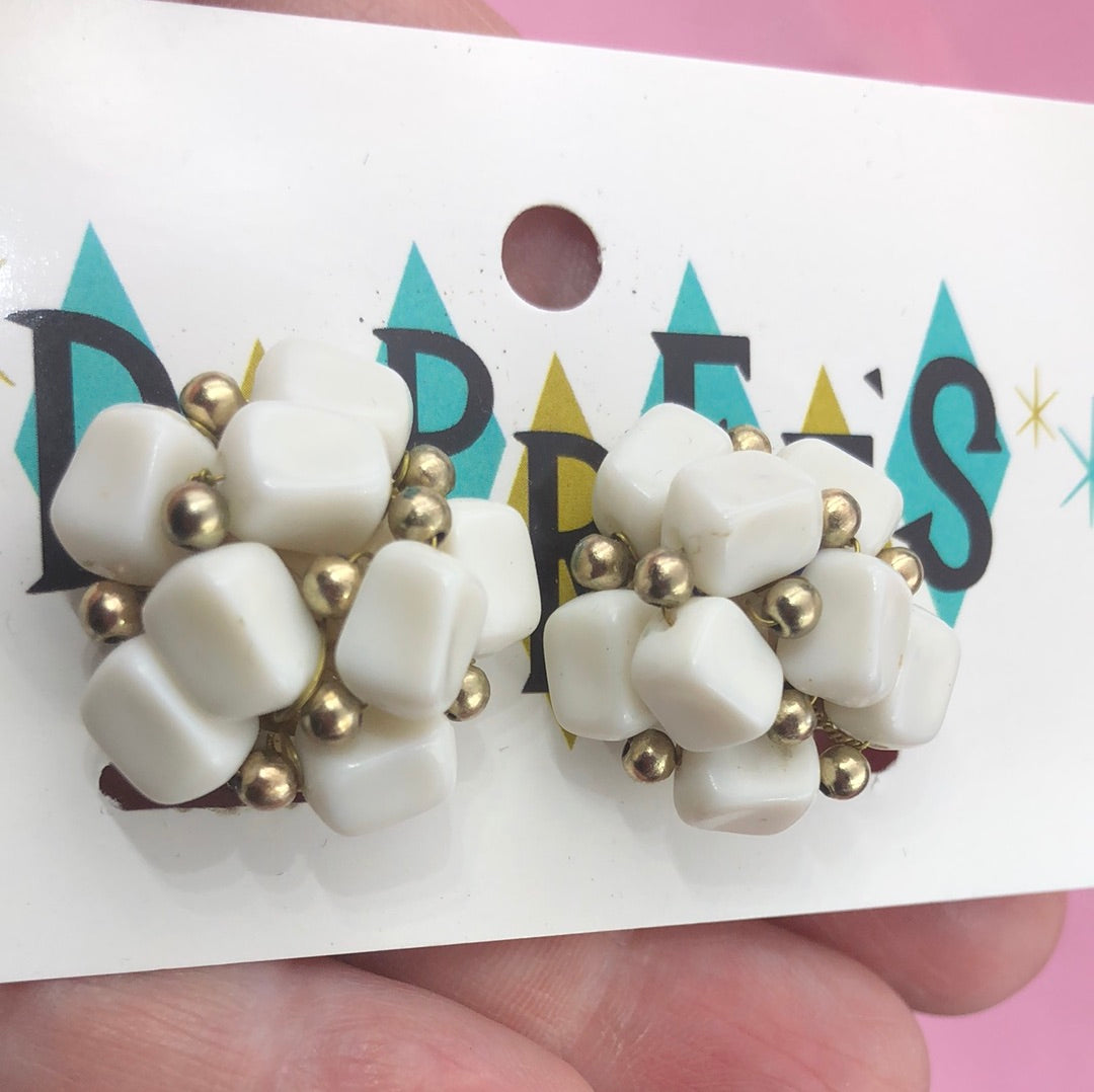 White bead cluster clip on with Gold Accent