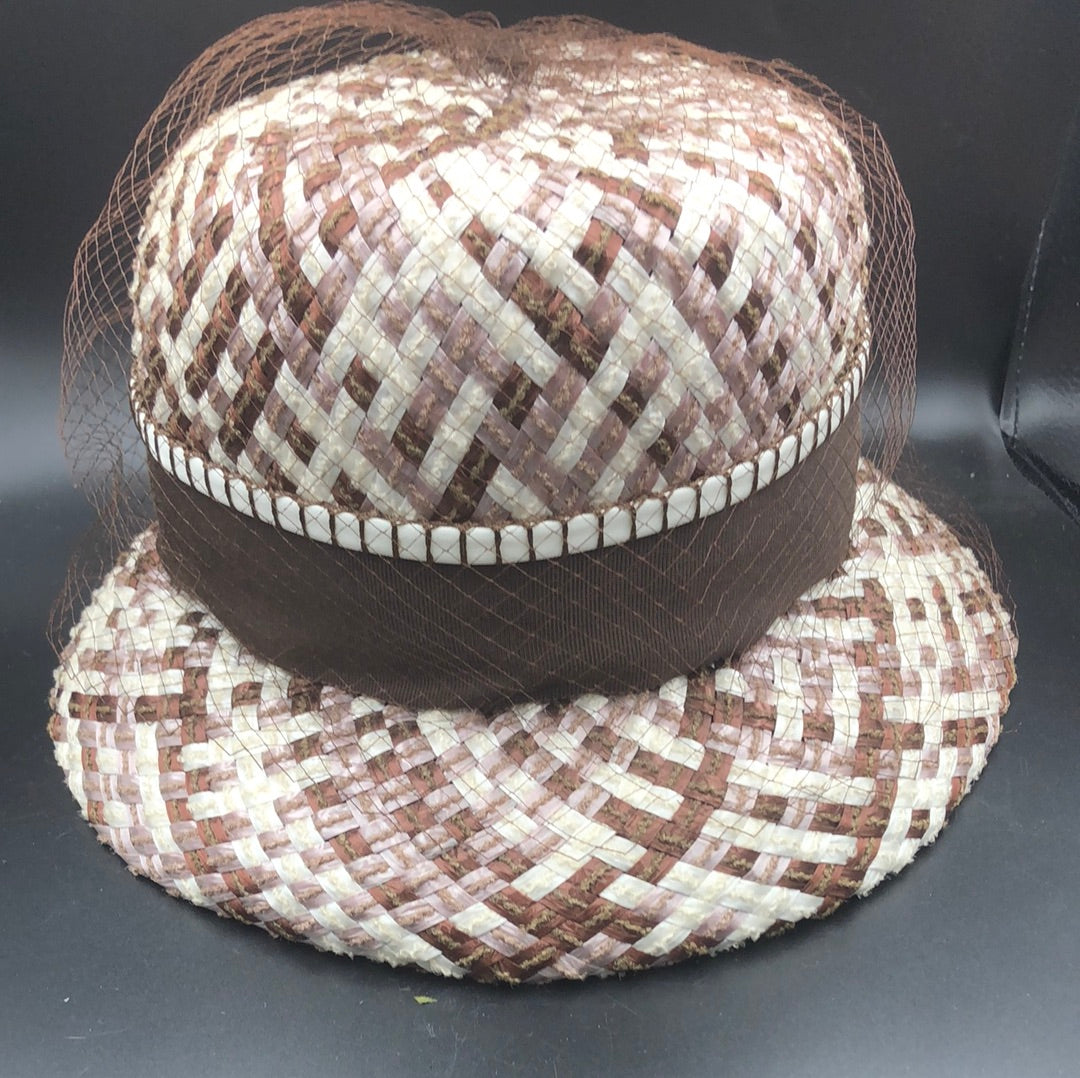 Brown and Ivory woven hat with netting