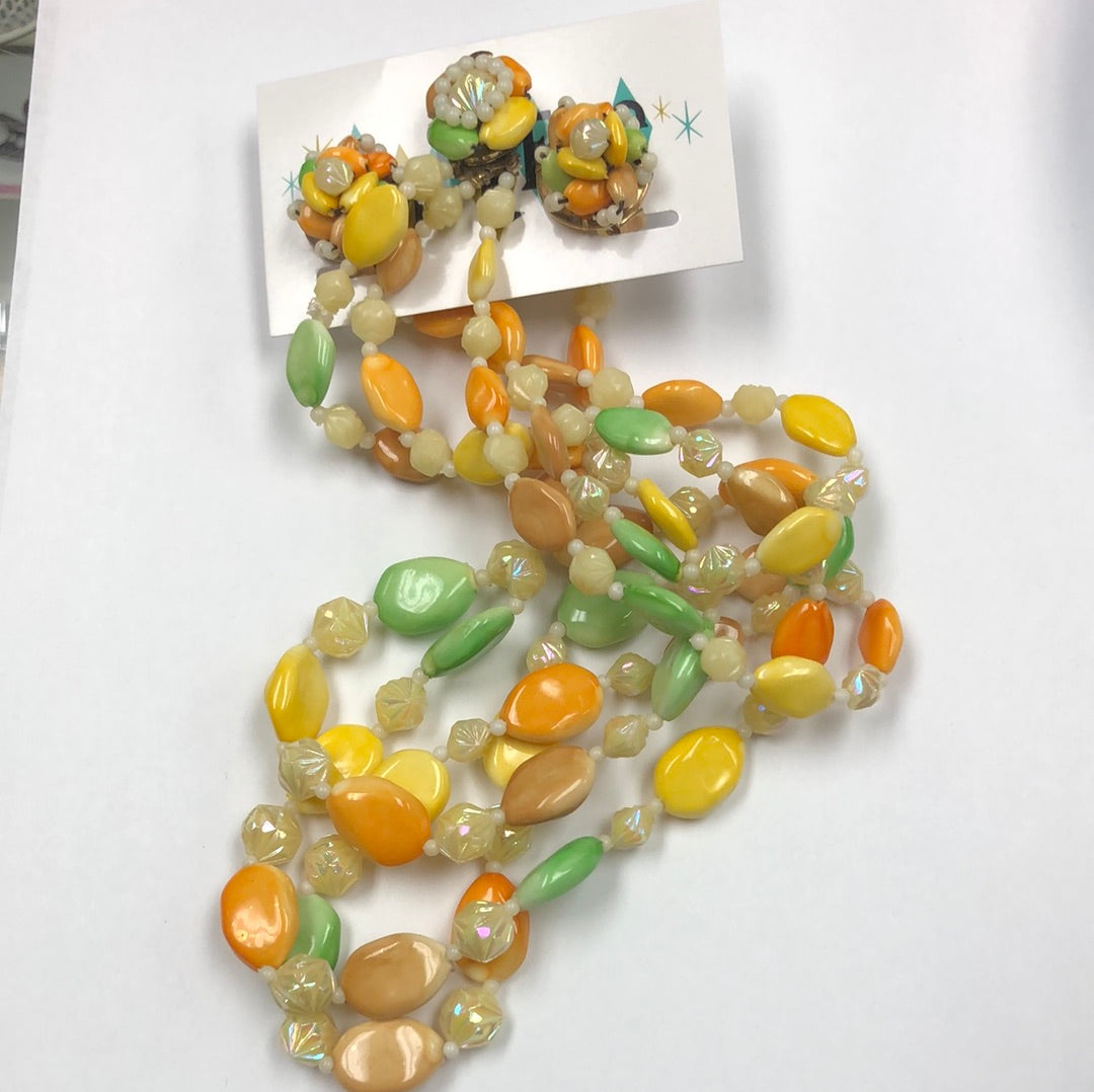 Yellow, Orange and Green 3 strand necklace with clip earrings