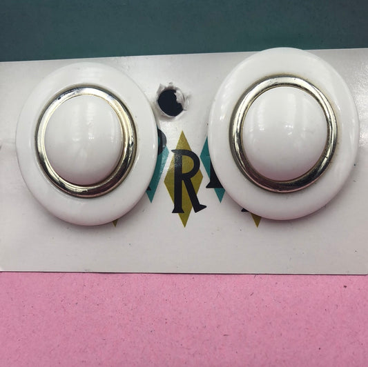 Large White and Silver clip on Earrings