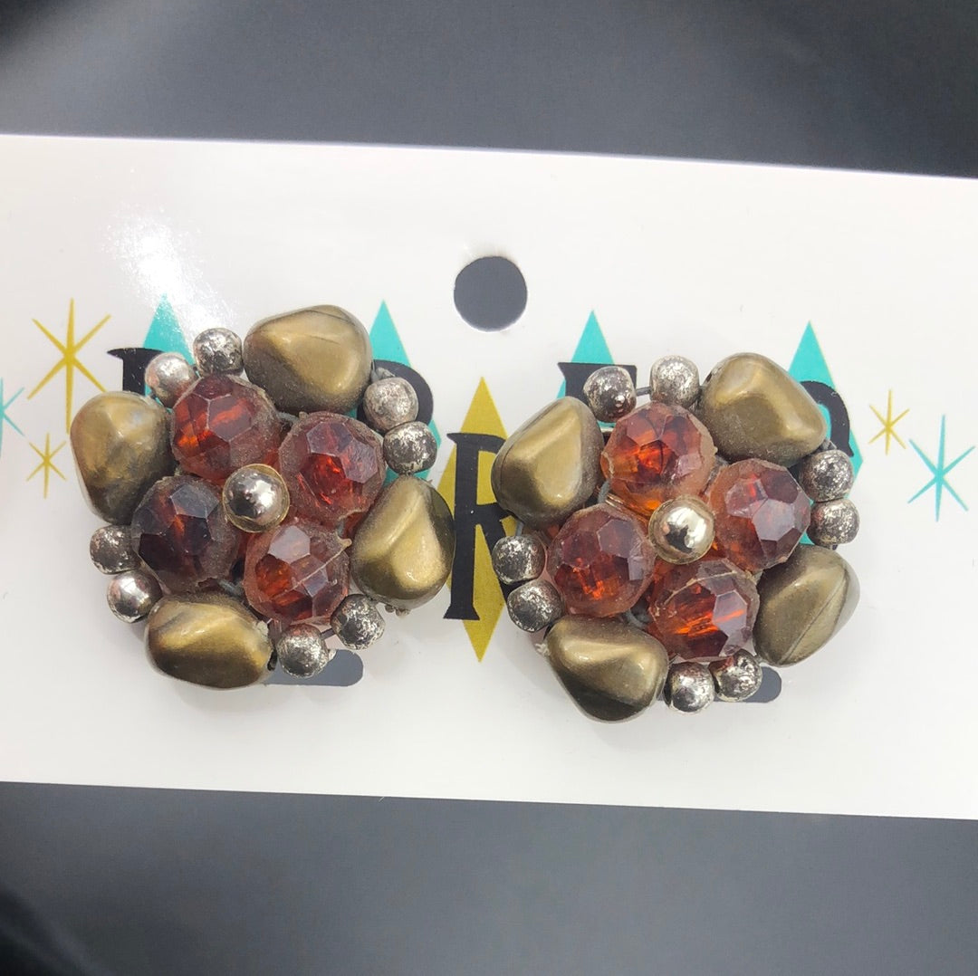 Amber and Olive bead cluster earrings