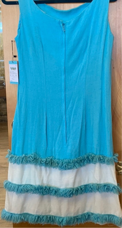 Blue & white 60's mod dress with yarn fringe