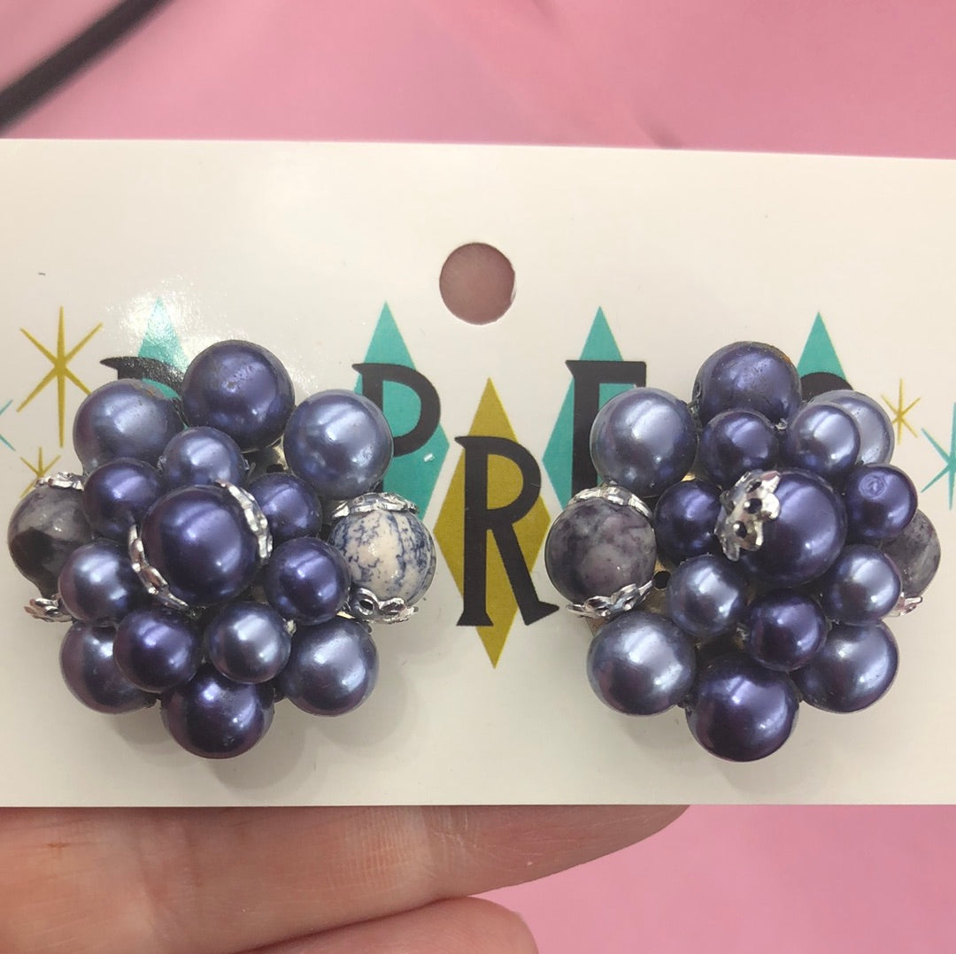 Blue/purple bead cluster clip on earrings