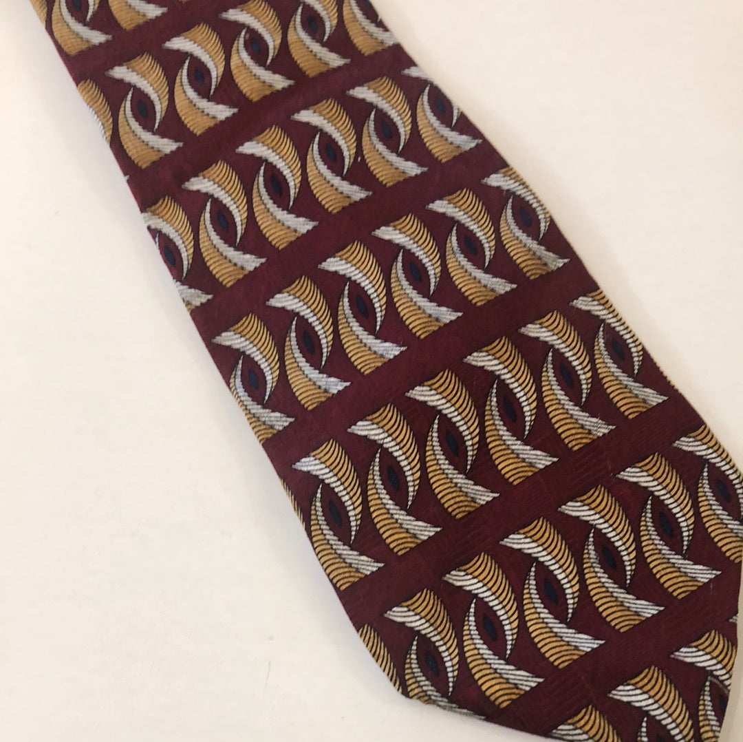 Maroon tie with gold and grey design