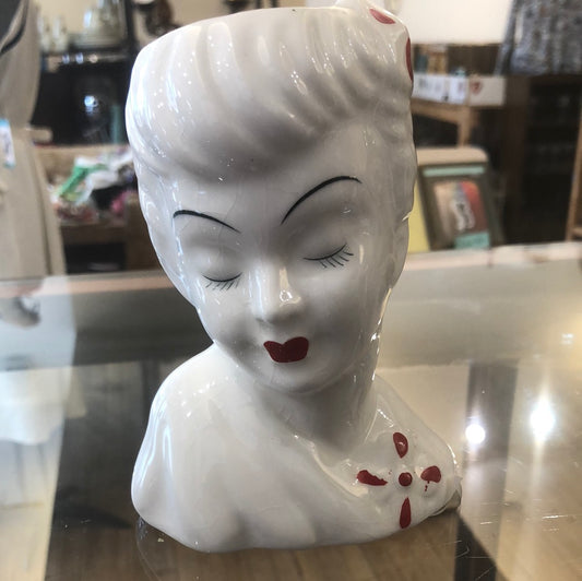 White Lady Head Vase with Red Accents