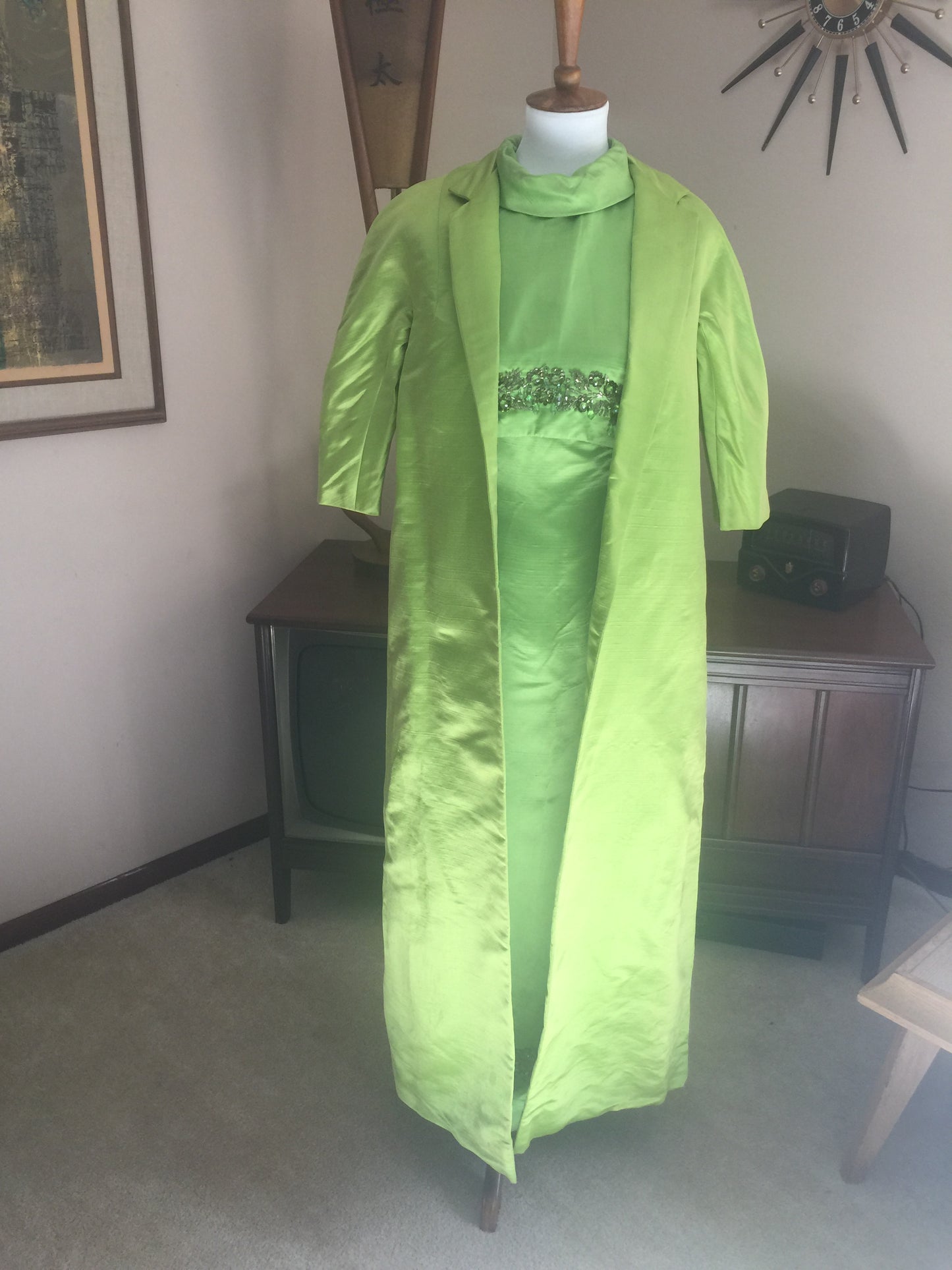 Green silk full length dress set
