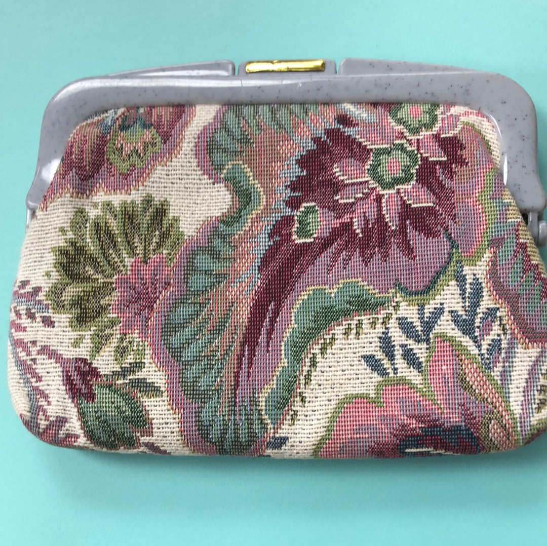 Tapestry bag with grey plastic latch top