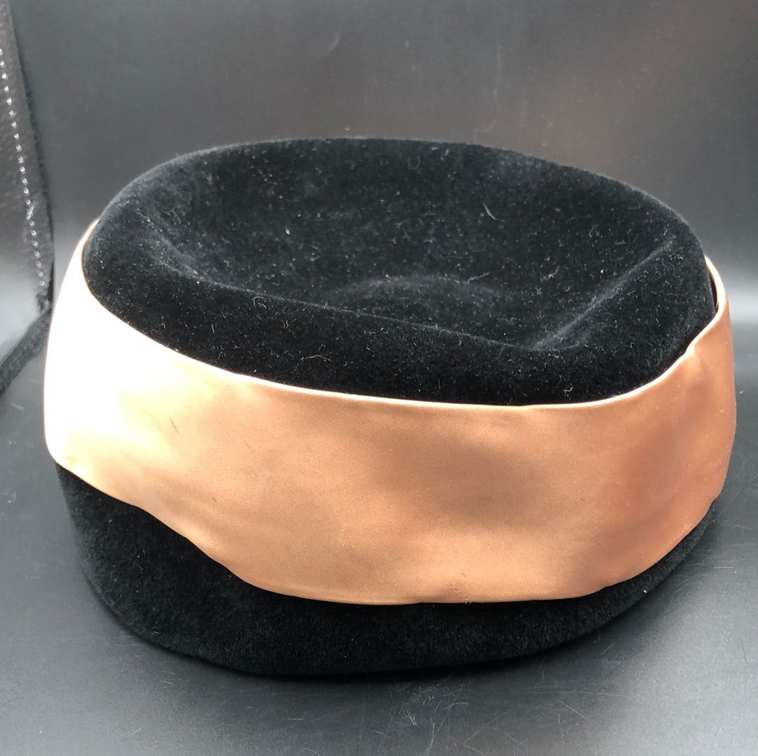 Black velvet hat with Brown satin band and button