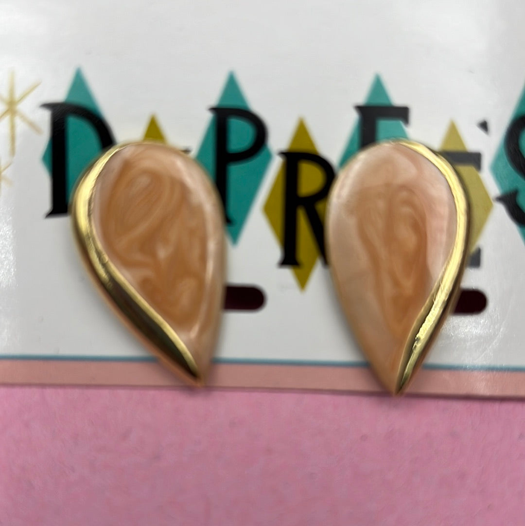 Peach and Gold Enamel teardrop clip on earring