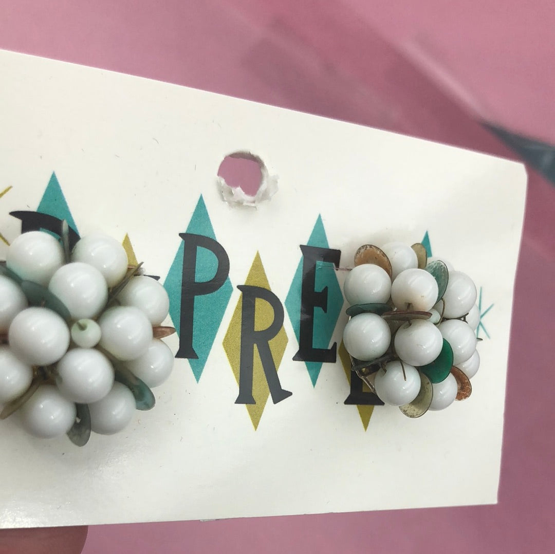 White bead cluster clip on earrings