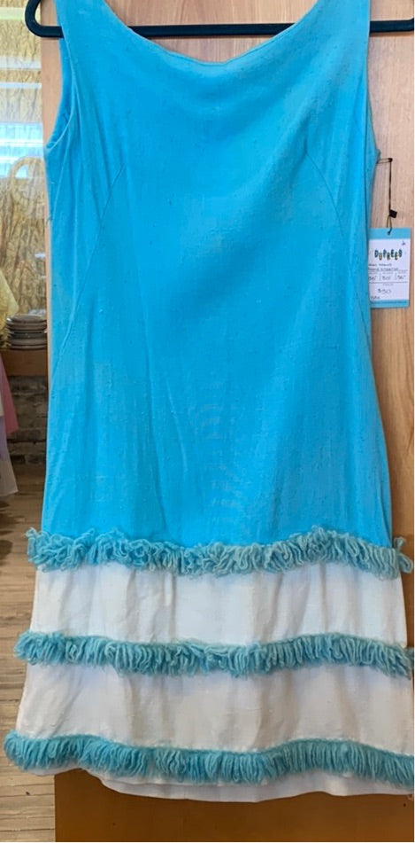 Blue & white 60's mod dress with yarn fringe