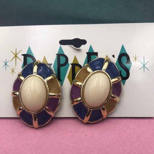 Enamel oval earrings with clip back