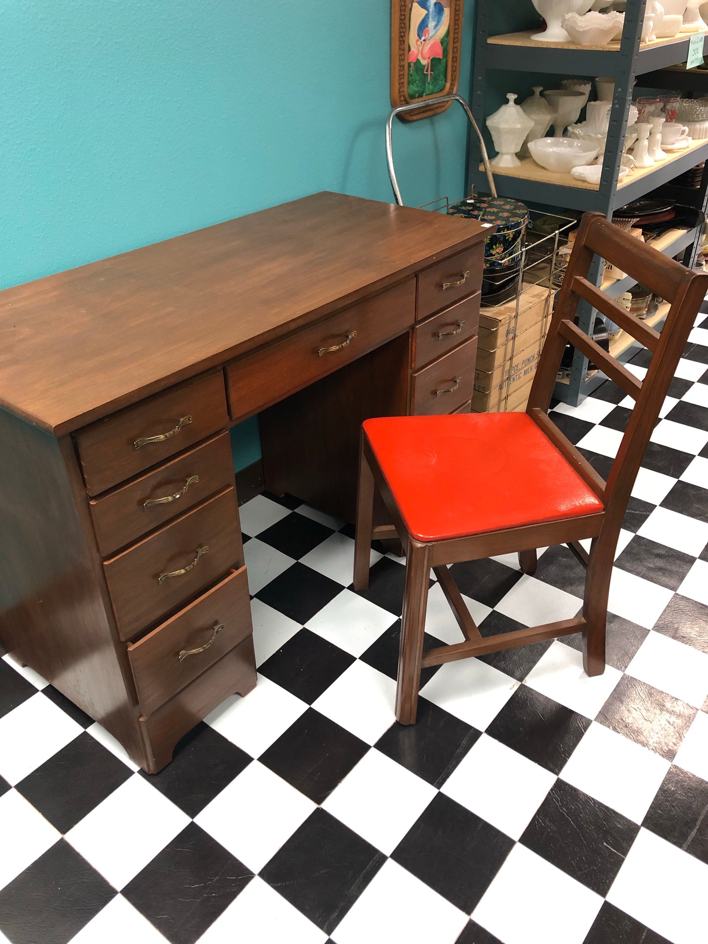 Wooden 8 drawer desk and chair with orange seat