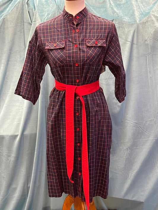 Navy Blue Plaid Dress with Belt