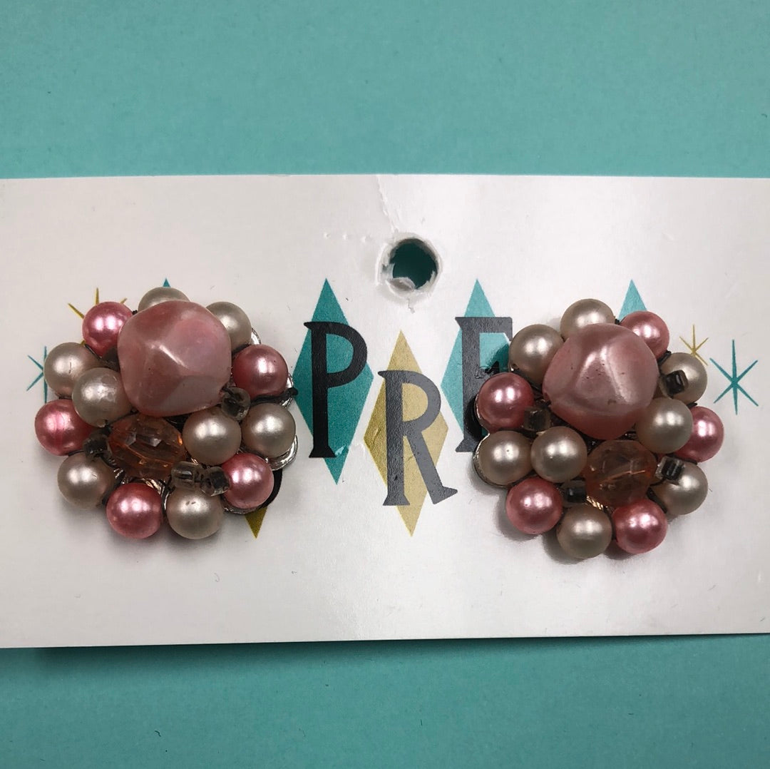 Pink/Coral bead cluster clip on earring