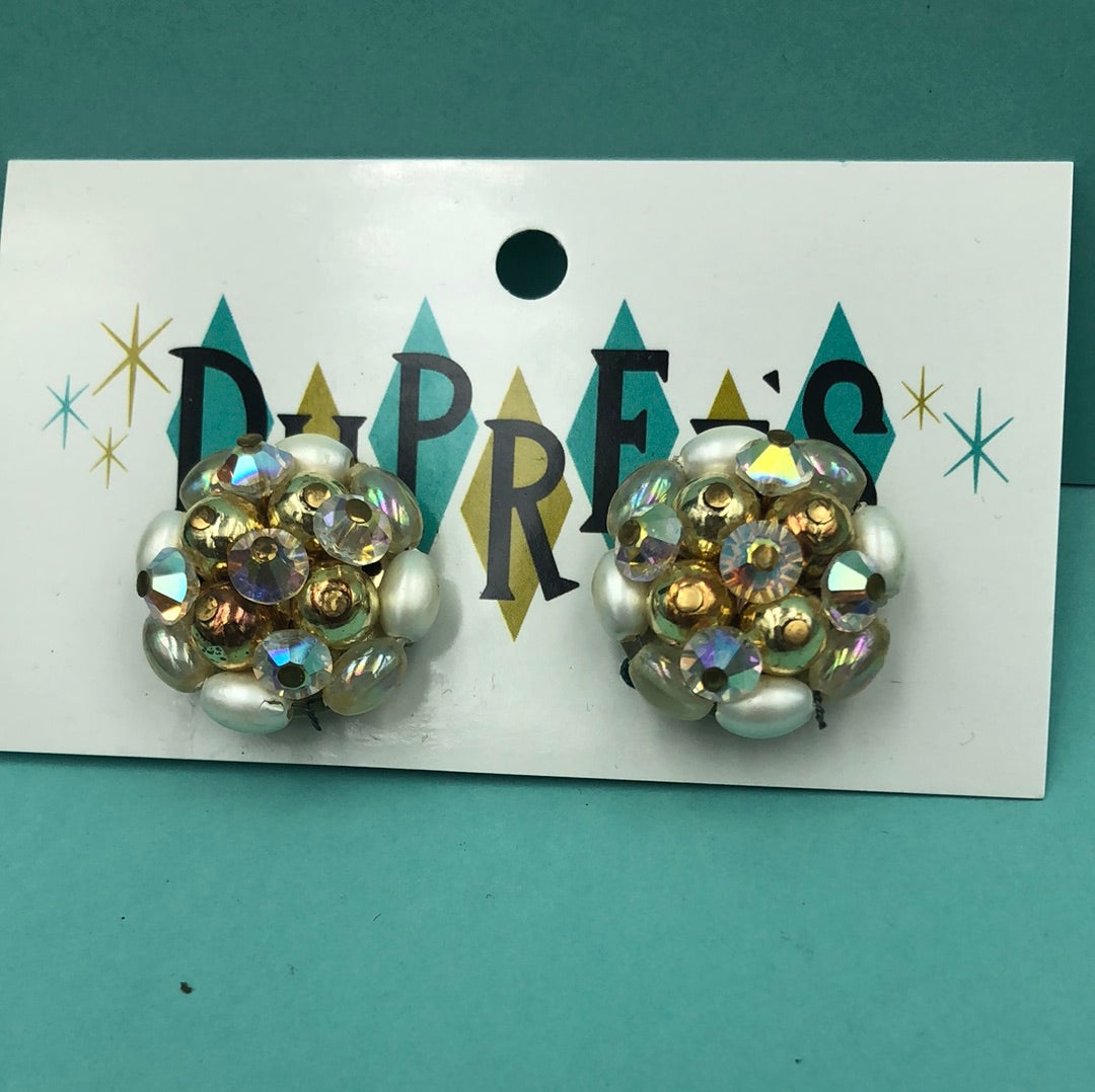Gold, Pearl and Aurora Borealis bead cluster clip on earrings