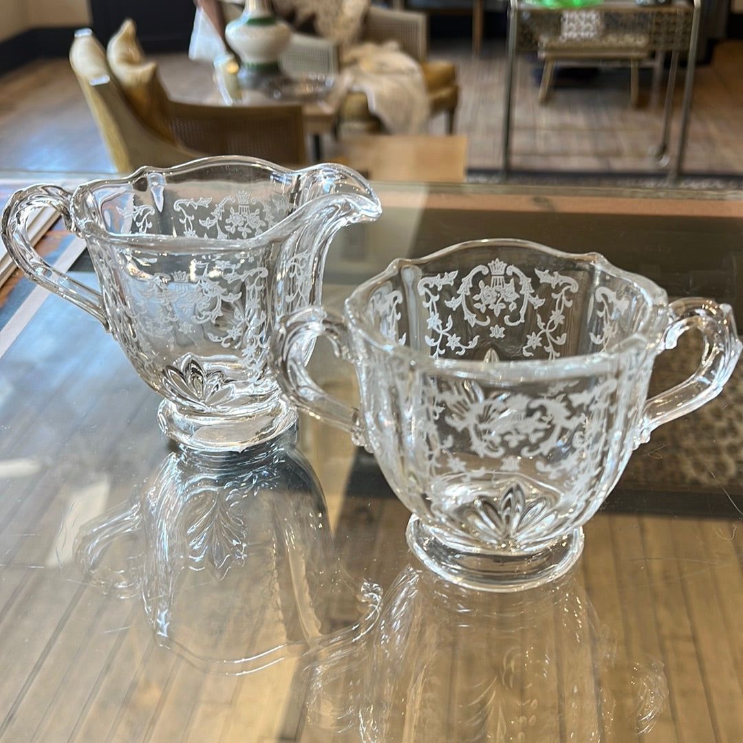 Etched glass sugar and creamer