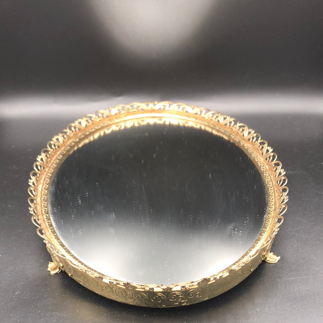 Oval mirrored dresser tray with gold edge