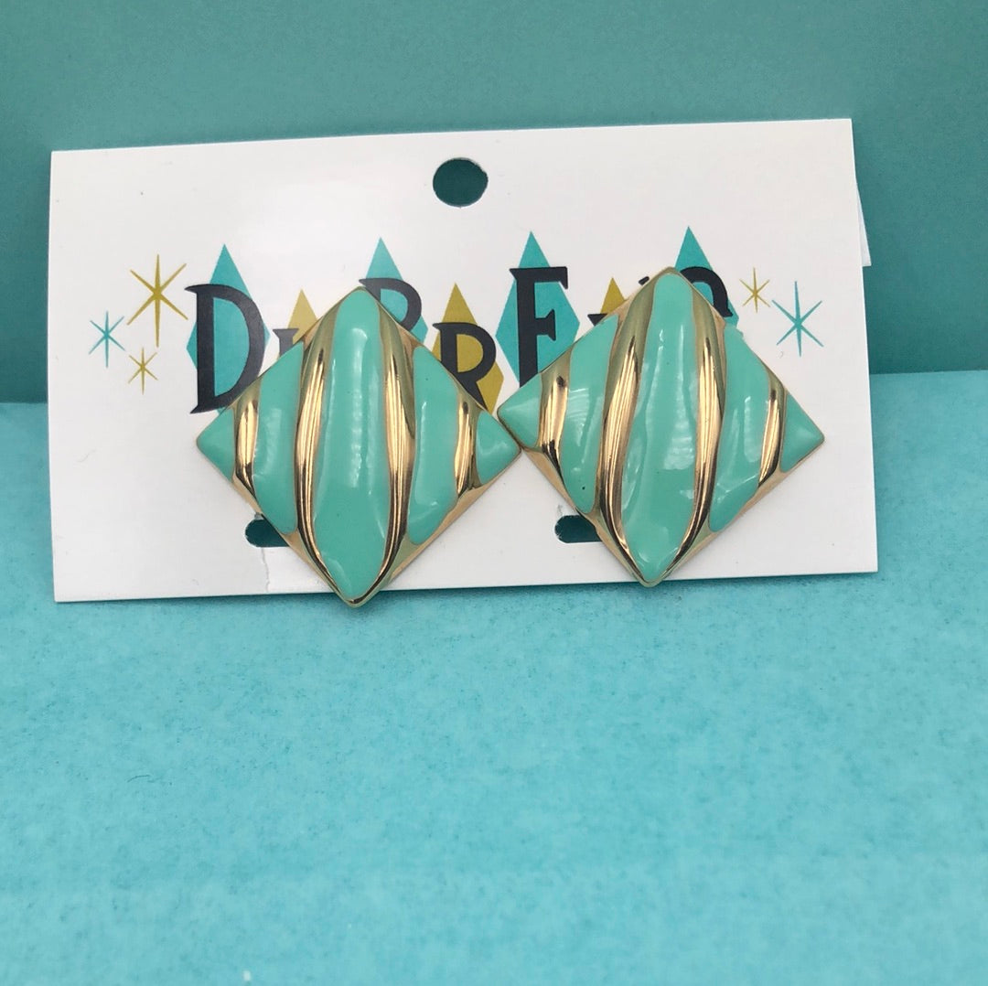 Gold and Teal diamond shaped clip on earrings