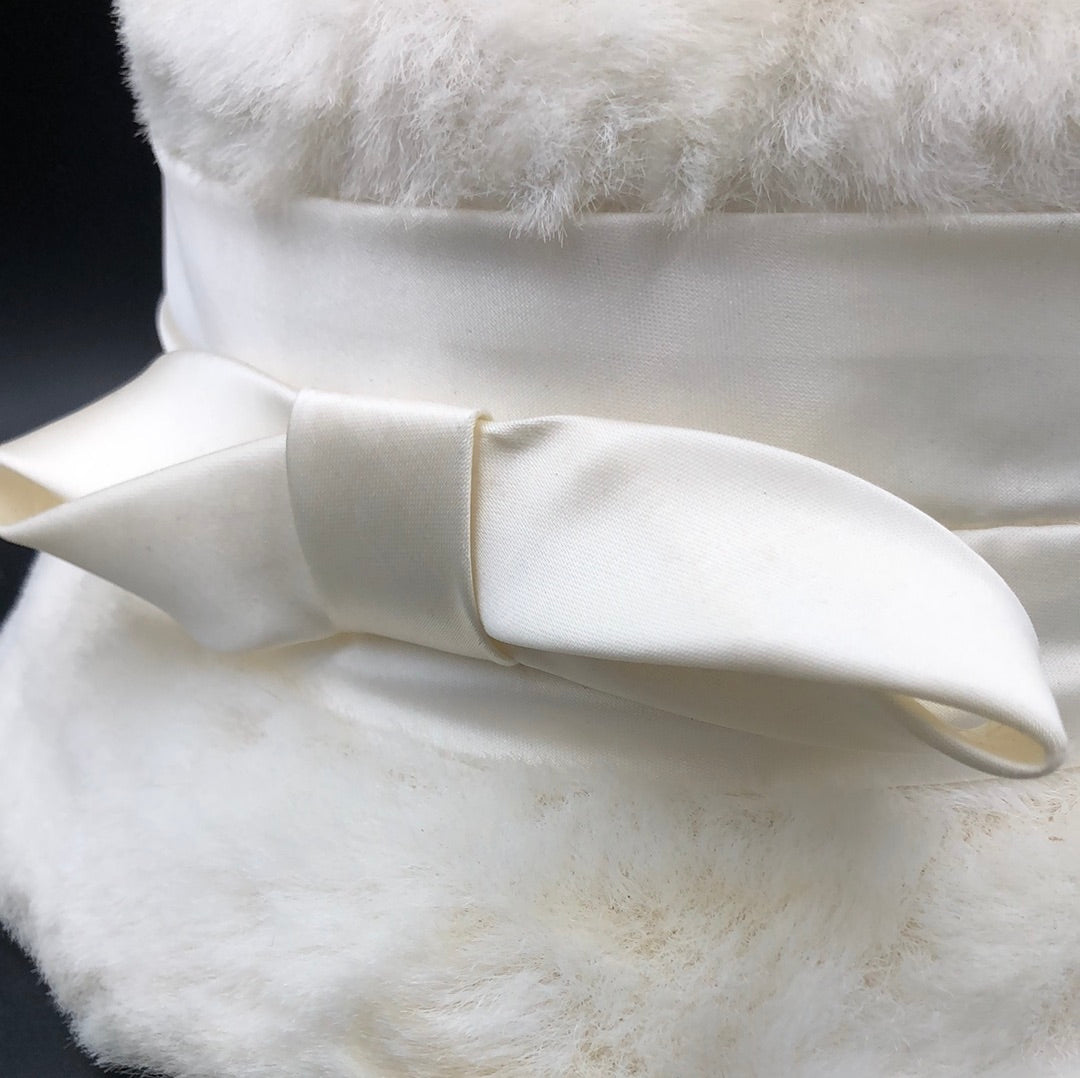 Ivory faux fur hat with Ivory satin headband and bow